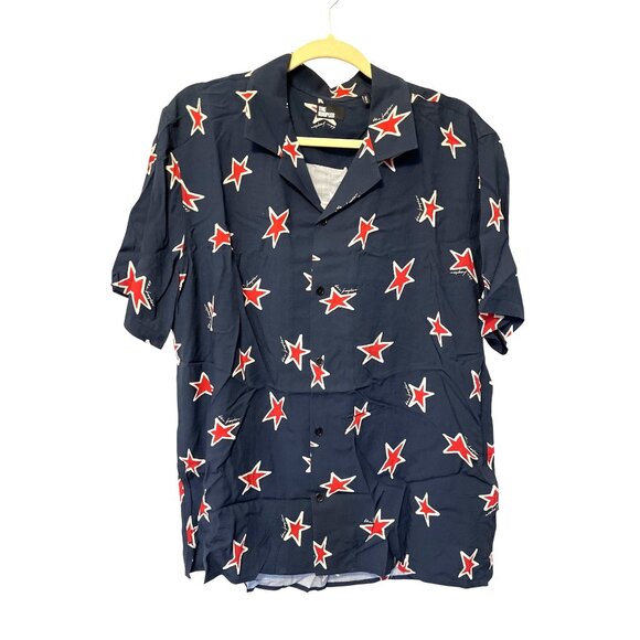 The Kooples Stars Navy Short Sleeve Button-Up Shirt Mens M 100% Viscose Casual C - Picture 1 of 5